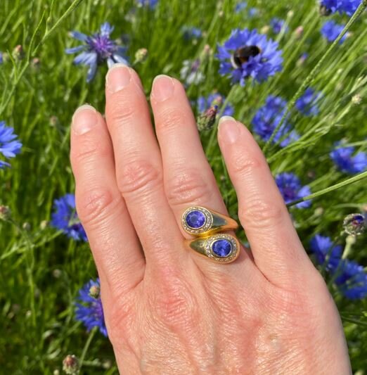 An actual image of the blue sapphire ring when worn.