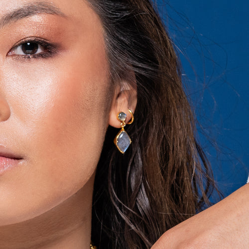 Image of model wearing 14ct Gold Blue Labradorite Adventure Charm and Stud Earring - Juraster- Gold