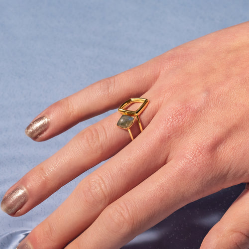 Image of 9ct Gold Diamond Shape Ring with gemstone Stacking Ring - Juraster