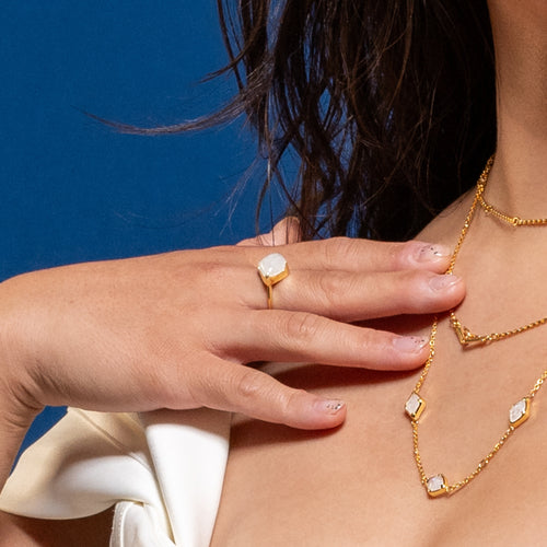 Image of model wearing 9ct Gold Rainbow Moonstone Statement Ring and matching Necklace - Juraster