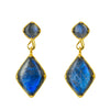Front view of a pair of 9ct Gold Blue Labradorite Adventure Charm and Stud Earrings - Juraster