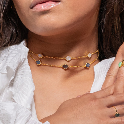 Image of model wearing 9ct Gold Three Wishes Labradorite Adjustable Bracelet as a Choker - Juraster