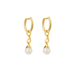 A front-view image of a pair of Juraster’s 9ct Gold Hoop Earrings, Anchor, attached to 9ct Gold Akoya Pearl Drop Earring Charms, Beachcomber, crafted from Fairmined yellow gold and responsibly-farmed pearls.