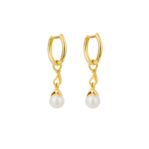 A front-view image of a pair of Juraster’s 9ct Gold Hoop Earrings, Anchor, attached to 9ct Gold Akoya Pearl Drop Earring Charms, Beachcomber, crafted from Fairmined yellow gold and responsibly-farmed pearls.
