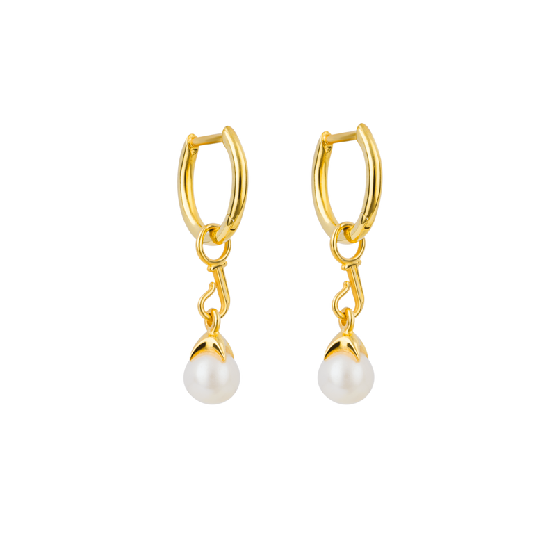 A front-view image of a pair of Juraster’s 9ct Gold Hoop Earrings, Anchor, attached to 9ct Gold Akoya Pearl Drop Earring Charms, Beachcomber, crafted from Fairmined yellow gold and responsibly-farmed pearls.