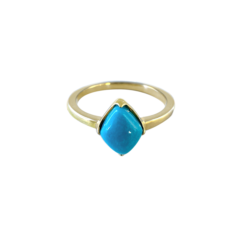 A front-view image of Juraster’s 9ct Gold Stacking Ring in Persian Blue Turquoise, Lodestone, crafted from Fairmined 9ct yellow gold and a hand-cut turquoise gemstone.