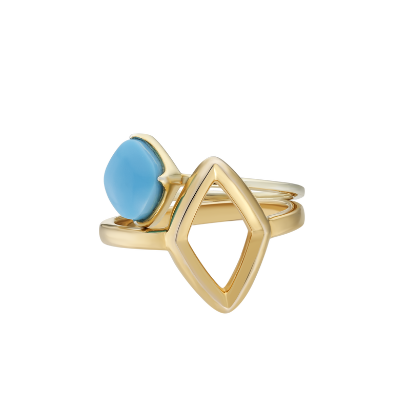 A front-view image of Juraster’s 9ct Gold Stacking Ring in Persian Blue Turquoise, Lodestone, crafted from Fairmined 9ct yellow gold and a hand-cut turquoise gemstone, stacked on top of a yellow gold diamond-shaped ring.