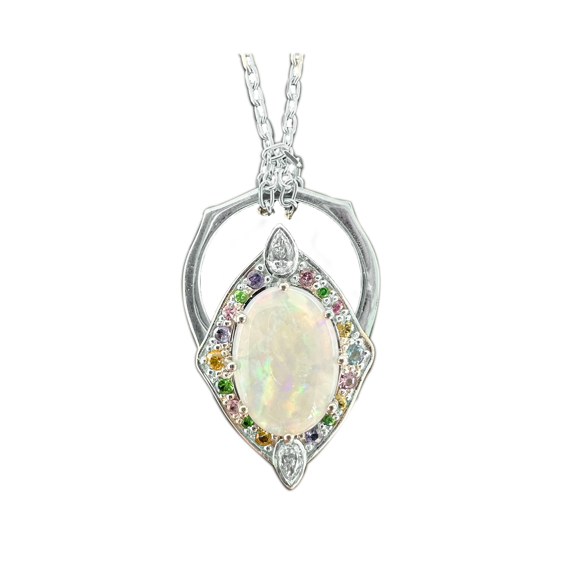 Transformable Ring 14ct white gold transformable ring-pendant with opal, rainbow gemstone ...