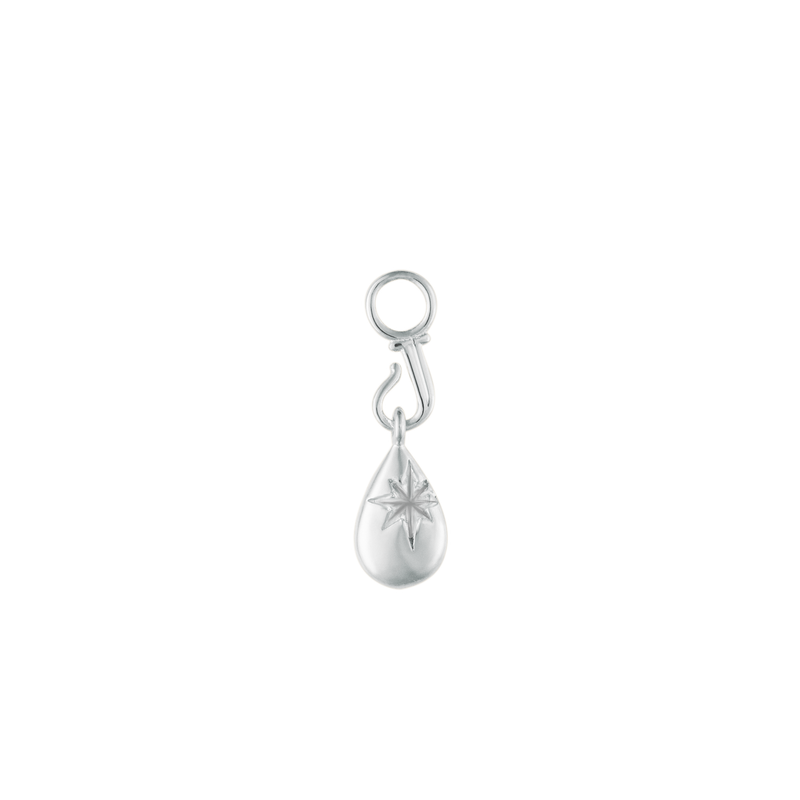 A front-view image of Juraster’s Sterling Silver Star Earring Charm, Star-Drop, with an engraved star, crafted from Fairmined sterling silver.