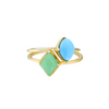 A front-view image of Juraster’s 9ct Gold Stacking Ring in Persian Blue Turquoise, Lodestone, crafted from Fairmined 9ct yellow gold and a hand-cut turquoise gemstone, stacked on top of a yellow gold chrysoprase ring.