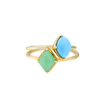 A front-view image of Juraster’s 9ct Gold Stacking Ring in Persian Blue Turquoise, Lodestone, crafted from Fairmined 9ct yellow gold and a hand-cut turquoise gemstone, stacked on top of a yellow gold chrysoprase ring.