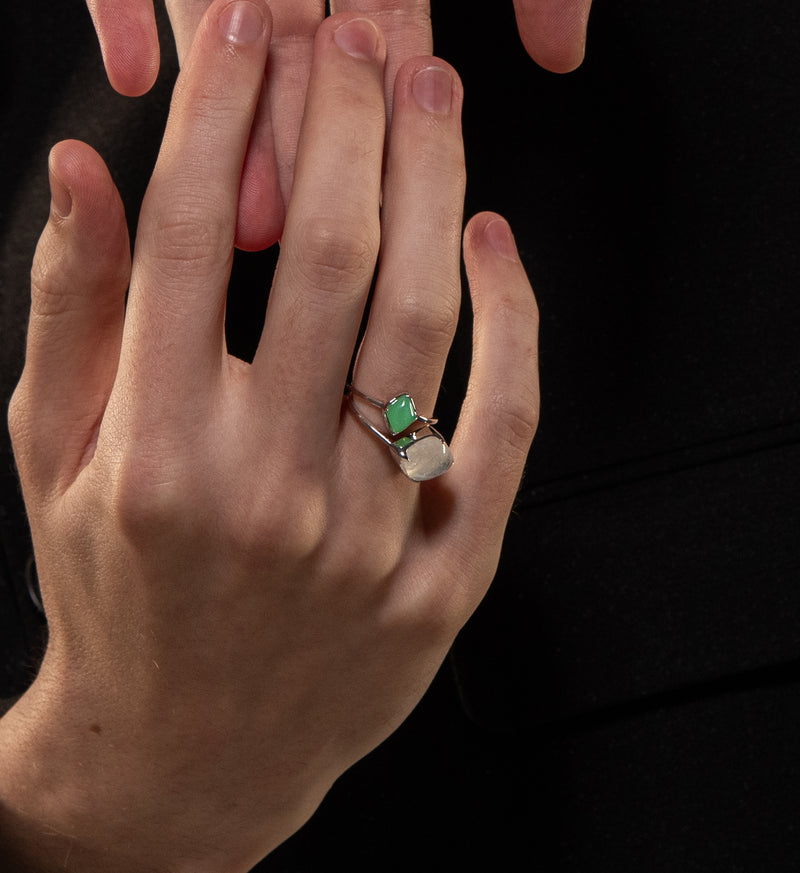 Image of 14ct White Gold Talisman Natural Moonstone Ring with Stacking Green Lodestone Ring - Juraster