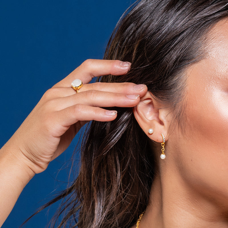 9ct Gold:Model wearing Akoya Pearl Stud Earring - Juratser