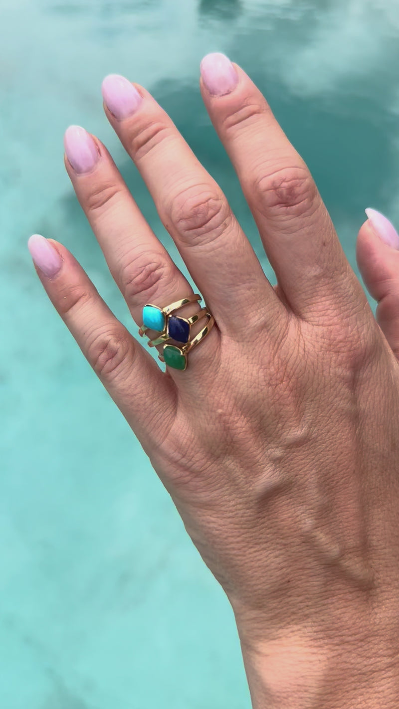Lodestone gold ring stack, lapis lazuli, turquoise, chrysoprase